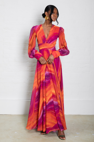 VL by Virgos Lounge Selenaa orange print long sleeve pleated maxi dress