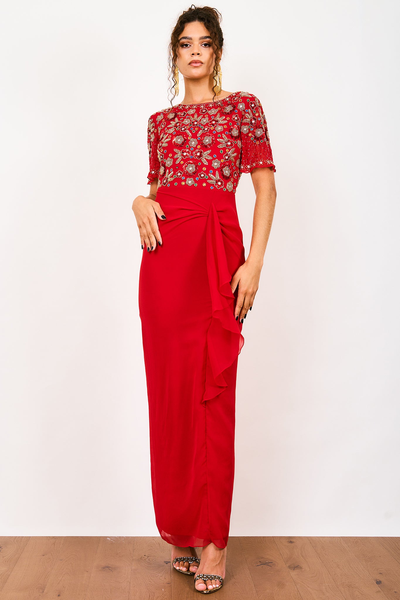 Virgos Lounge Dunni red embellished short sleeve tulip midi dress