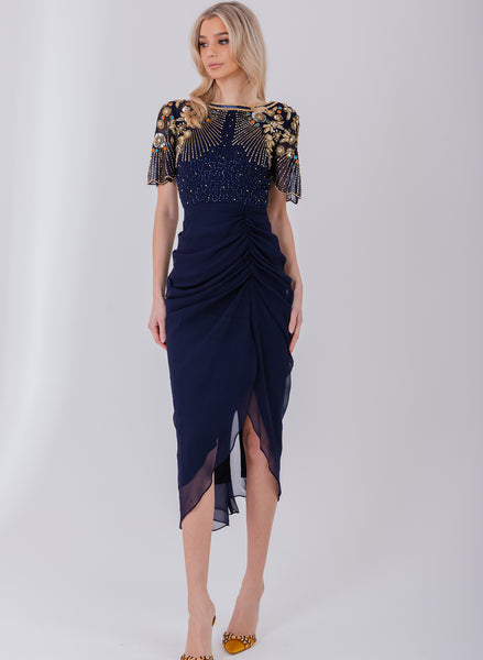 Denise Ruched Navy Dress with Embellished Bodice Virgos Lounge