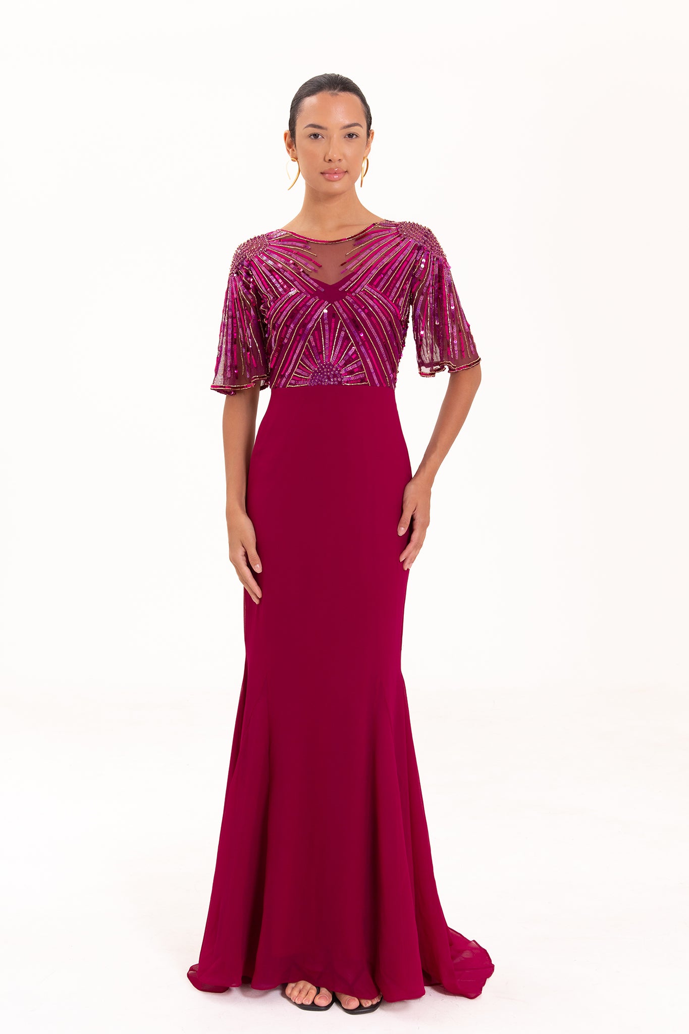 Donatella Art Deco Sequin Embellished Magenta Maxi Dress – Virgos Lounge
